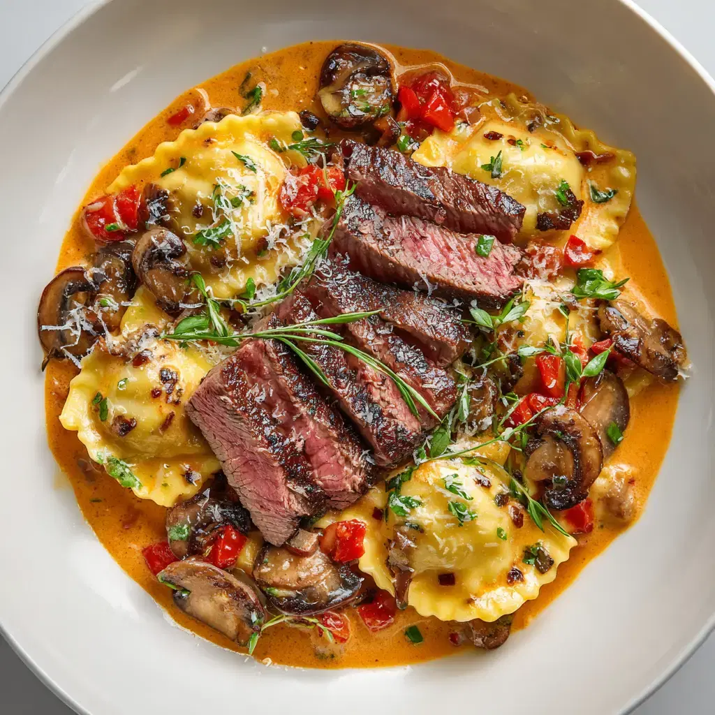 Steak and Ravioli in Creamy Garlic Herb Sauce